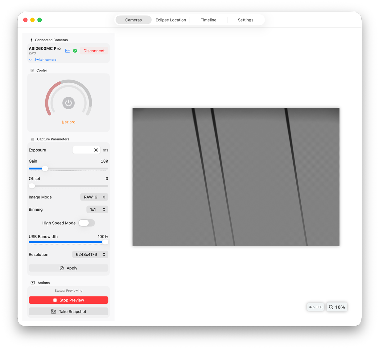 Photality's Cameras tab: a connected ZWO ASI2600MC Pro with cooling, exposure, gain and ROI controls beside a live preview.