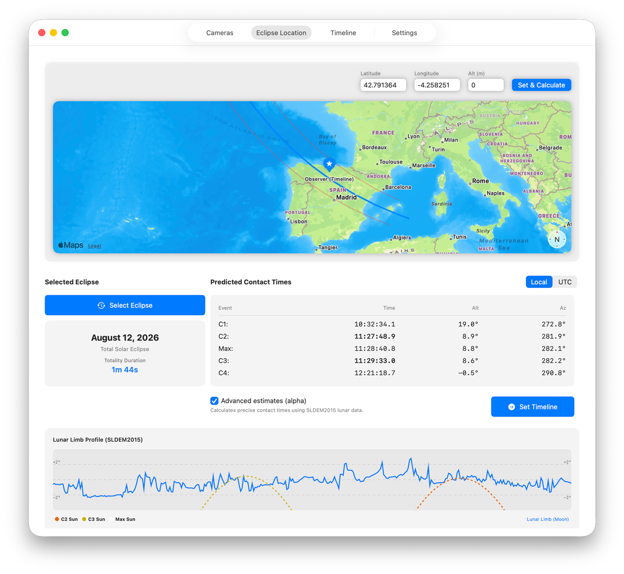 Photality's Eclipse Location tab: the eclipse path on a map with predicted C1–C4 contact times and a lunar limb profile.